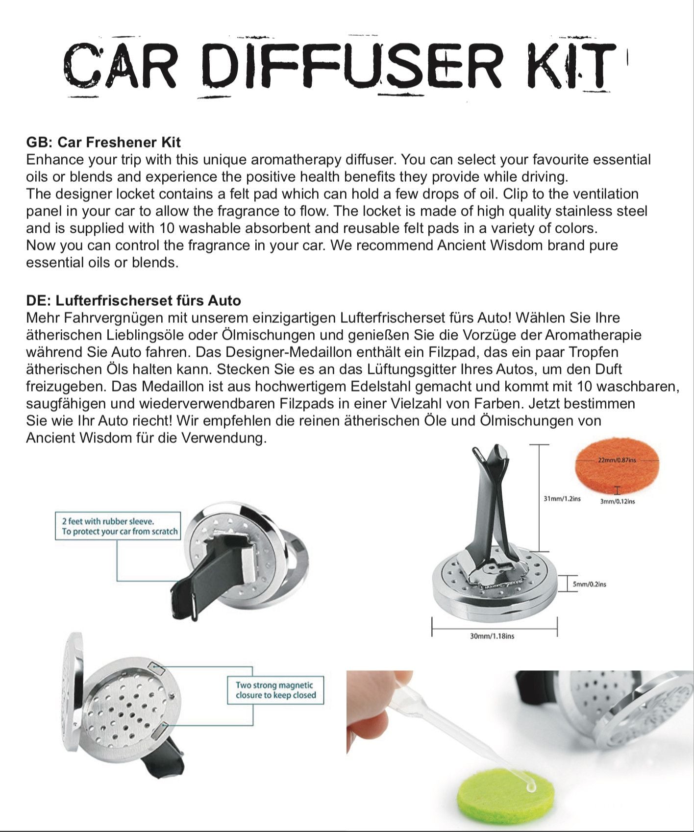 Car Diffuser Kit Pewter- Hamsa - 30mm