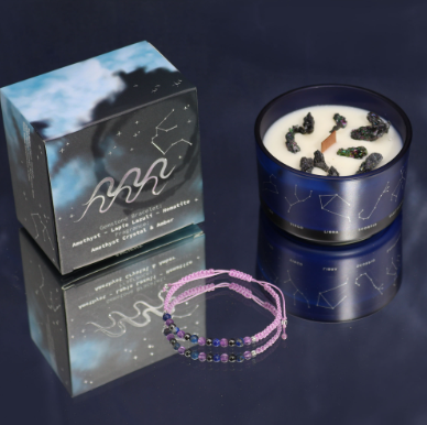 Zodiac Energy Crystal Candle with Healing Gemstone Bracelet - Aquarious