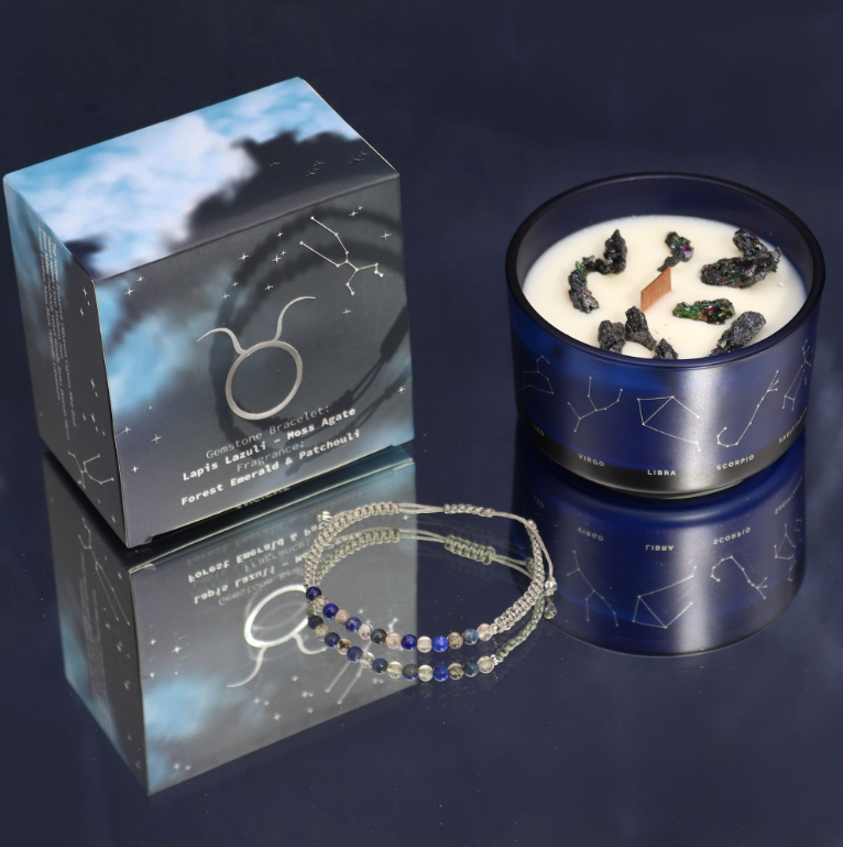 Zodiac Energy Crystal Candle with Healing Gemstone Bracelet - Taurus