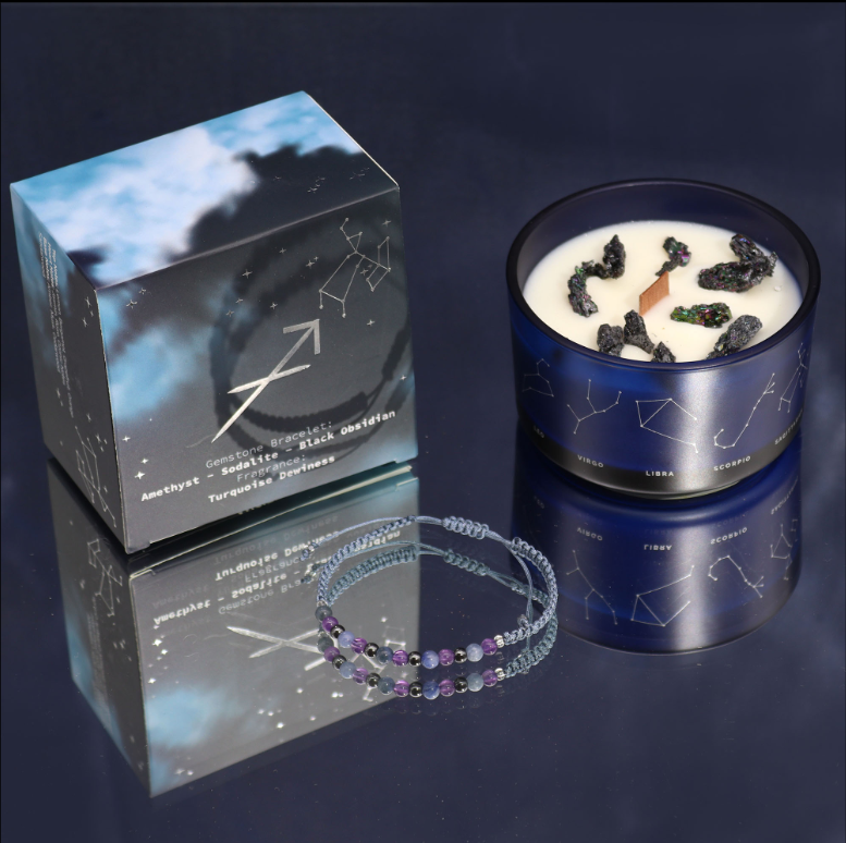 Zodiac Energy Crystal Candle with Healing Gemstone Bracelet - Sagittarius